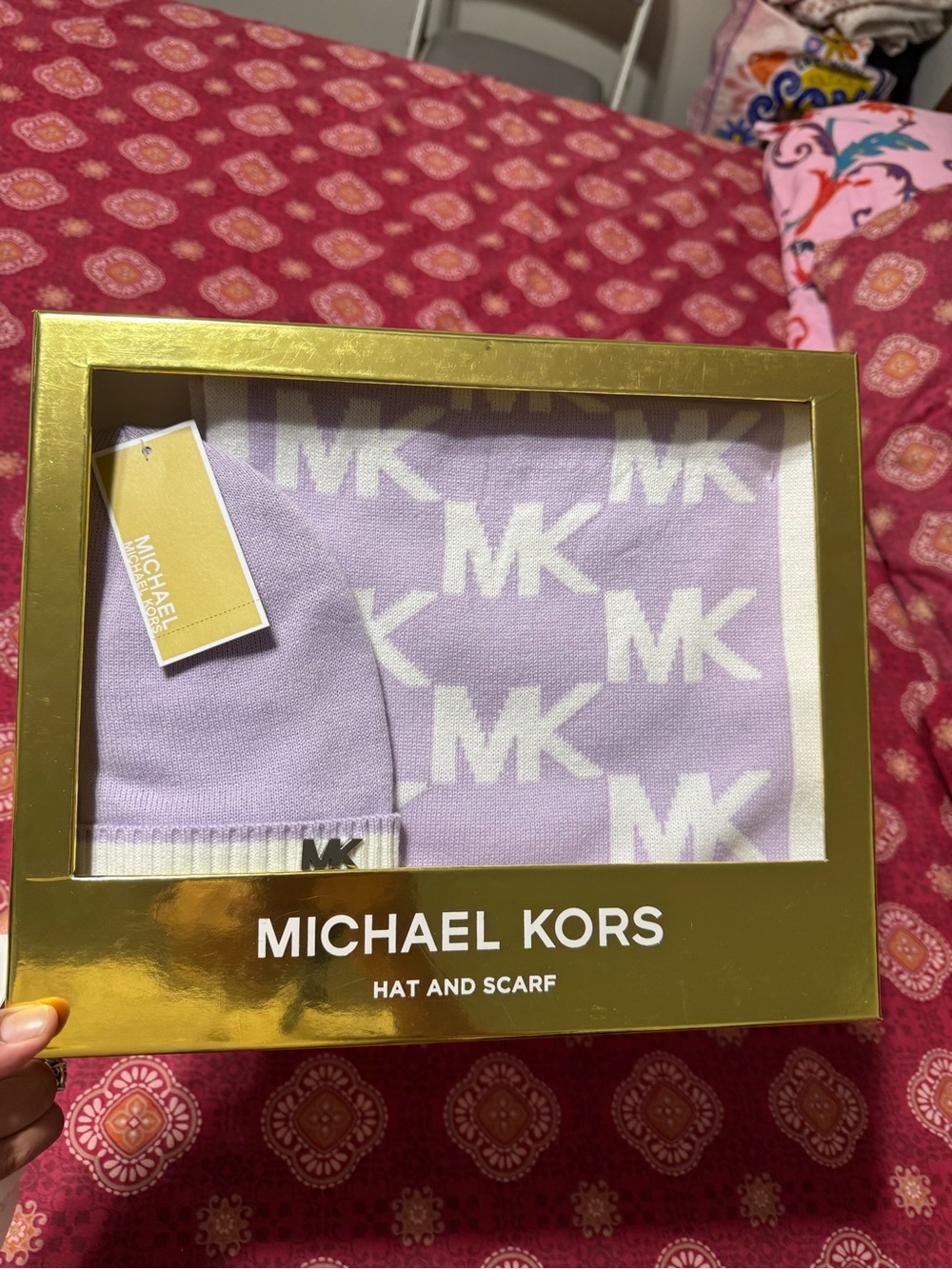 Michael Kors Lavender and White MK Logo Hat & Scarf Set